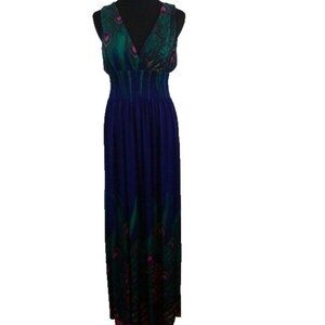 Popana Womens BOHO‎ Maxi Dress Small Blue Peacock Feather Sleeveless Beachy